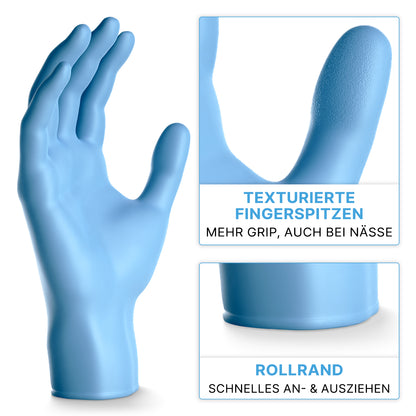 The ARNOMED NITRIL BLUE XTRA STRONG disposable glove from ARNOWA GmbH is shown, with close-ups of its textured fingertips for a better grip and a rolled cuff for easy donning and doffing. German text explains the features.