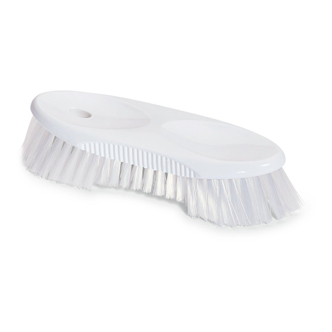 The Nölle Profi Brush jug brush (19 cm, PP-white) from Nölle Profi Brush Bürsten- & Pinseltechnik e.K. has a curved handle with grips, a hanging hole, and hard bristles. Ideal for bottle cleaning; depicted on a solid white background.
