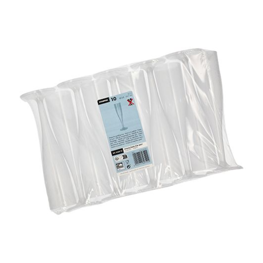 Eine Zehnerpackung Starpak 10 Mehrweg-Stiel-Gläser von Starpak ist in einer durchsichtigen Kunststoffverpackung versiegelt, auf deren Vorderseite sich ein Etikett mit Produktinformationen und Barcodes befindet.
