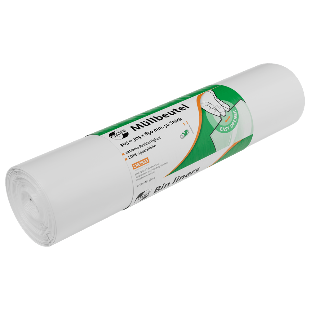 Eine Rolle weißer Müllbeutel DEISS 36004 der EMIL DEISS KG (GmbH + Co.), beschriftet in Deutsch und Englisch mit einer Hand, die einen Beutel zieht und dem Text "Easy opening". Enthält 50 Beutel mit den Maßen 305+305x850 mm.