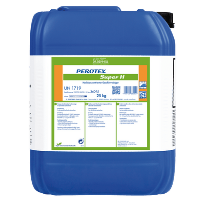 Ein großer blauer Kunststoffbehälter mit weißem Etikett trägt die Aufschrift "Dr. Schnell PEROTEX SUPER H" von DR.SCHNELL GmbH & Co. KGaA, Sicherheitshinweise und eine Gebrauchsanweisung. Dieser 25-kg-Reiniger ist für den professionellen Gebrauch bestimmt.