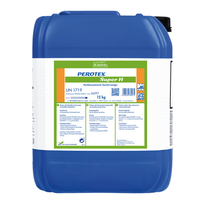 Ein blauer 12 kg Kunststoffbehälter mit der Aufschrift "Dr. Schnell PEROTEX SUPER H" der DR.SCHNELL GmbH & Co. KGaA, ein Hochleistungsreiniger für den professionellen Einsatz, mit Produktcodes und mehrsprachigen Anweisungen auf dem weiß-grünen Etikett.