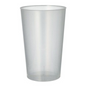 A Starpak reusable plastic cup made of transparent plastic with a smooth surface and slightly conical shape stands upright against a plain white background.