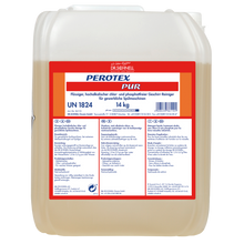 Ein 14 kg durchsichtiger Kunststoffbehälter von Dr. Schnell PEROTEX PUR Geschirrreiniger für gewerbliche Spülmaschinen von DR.SCHNELL GmbH & Co. KGaA, mit einem Etikett in deutscher Sprache, auf dem Produktdetails, Inhaltsstoffe, Anwendungshinweise und Sicherheitswarnungen aufgeführt sind.