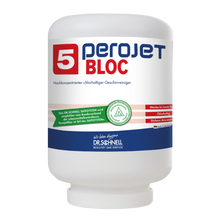 Eine große weiße 4-kg-Kartusche mit der Aufschrift "Dr. Schnell PEROJET BLOC 5 Geschirrreiniger für gewerbliche Spülmaschinen, chlorhaltig" zeigt deutschen Text, ein grünes Zertifizierungssymbol und das Logo der DR.SCHNELL GmbH & Co. KGaA-Logo.