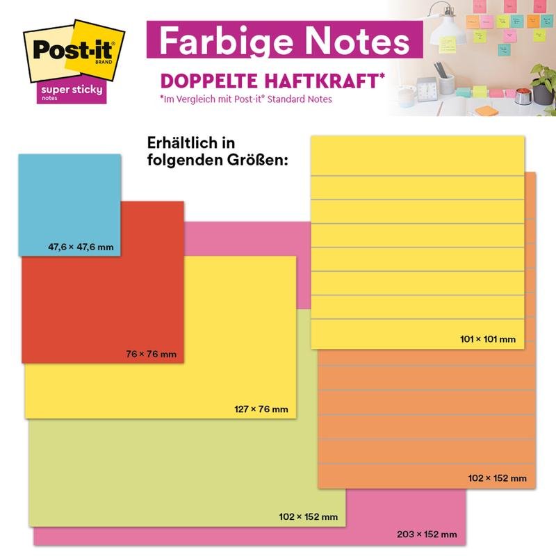 A graphic shows Post-it® Super Sticky Notes (47.6 mm x 47.6 mm, 90 sheets/block, 100% PEFC) from 3M Deutschland GmbH in various colors. A section shows the notes on a wall and on a desk to demonstrate usage.