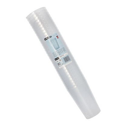 A stack of Starpak reusable plastic cups PP 0.5 l, wrapped in transparent shrink wrap with a label and barcode. The cups are arranged vertically against a plain white background.