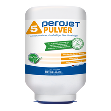 Eine weiße 3-kg-Kartusche mit der Aufschrift "Dr. Schnell PEROJET PULVER 5" der DR.SCHNELL GmbH & Co. KGaA, mit orangefarbener und blauer Aufschrift und deutschen Anwendungshinweisen; ein hochkonzentriertes, chlorhaltiges Geschirrspülmittel für Maschinen.