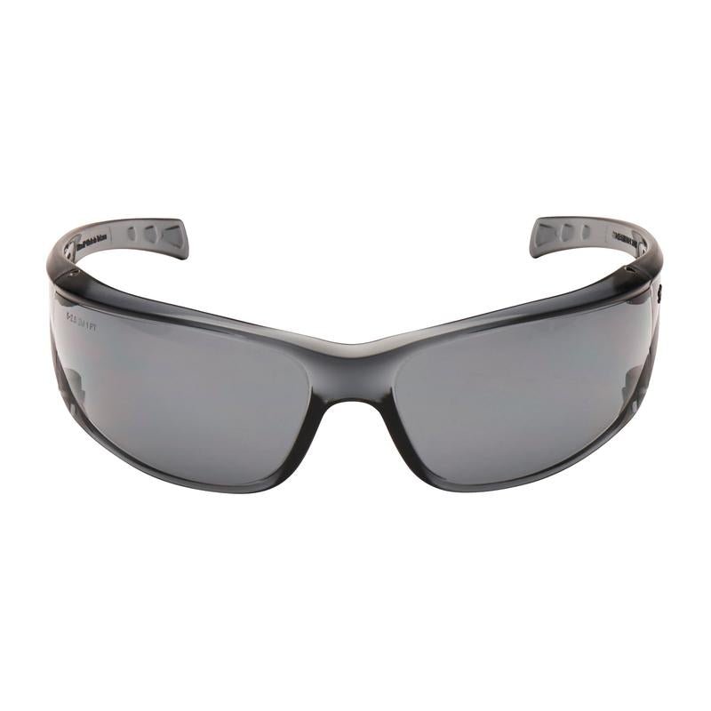 The 3M™ Virtua™ AP safety glasses, gray lens from 3M Deutschland GmbH is depicted from the front on a white background. It features a wraparound design and reliable eye protection with a black frame and gray lenses.