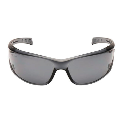 The 3M™ Virtua™ AP safety glasses, gray lens from 3M Deutschland GmbH is depicted from the front on a white background. It features a wraparound design and reliable eye protection with a black frame and gray lenses.