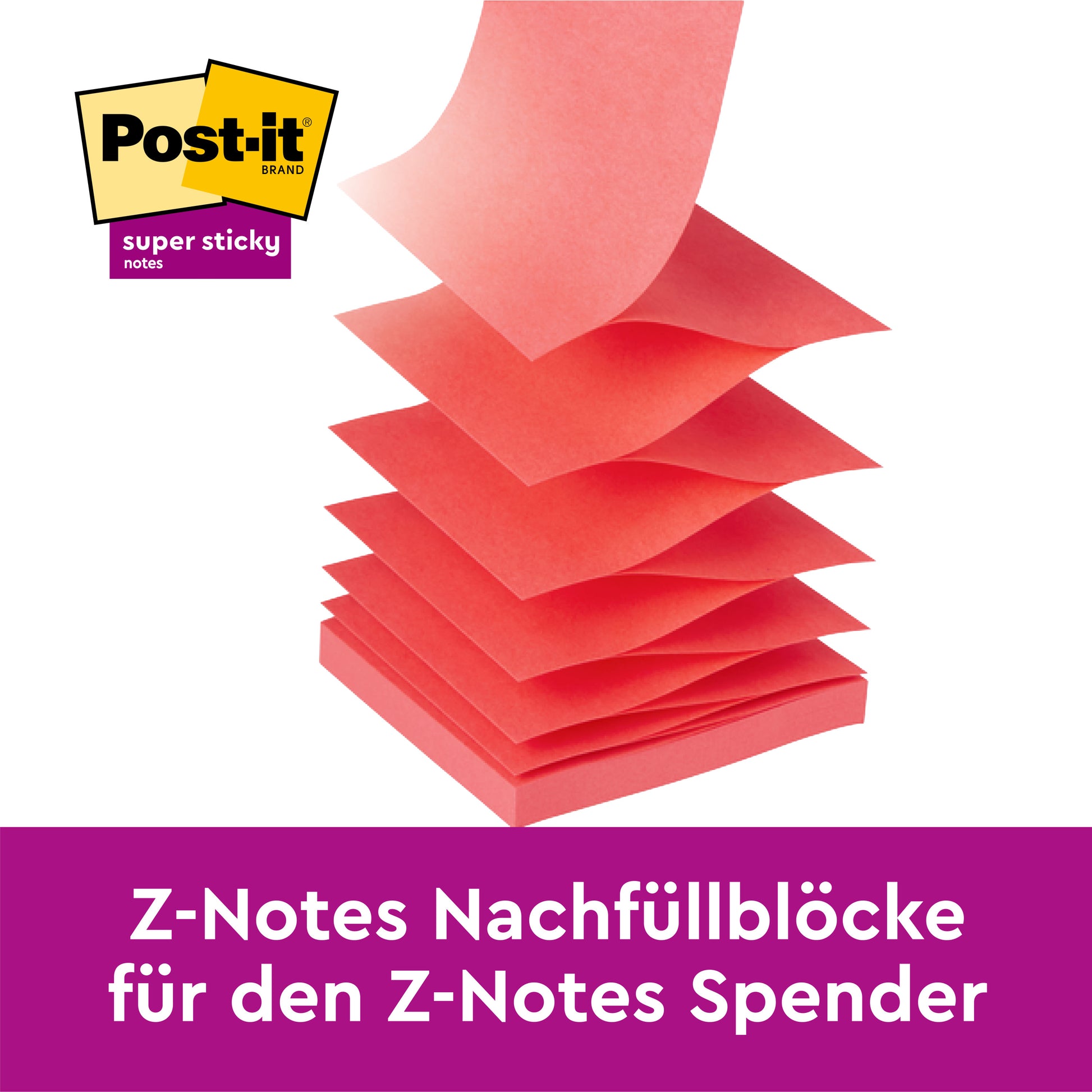 Abgebildet ist eine Packung gelber Post-it® Super Sticky Z-Notes (76x76 mm, 90 Blatt/Block, 12 Blöcke/Karton) der 3M Deutschland GmbH. Der deutsche Text lautet: "Z-Notes Nachfüllblöcke für den Z-Notes Spender.
