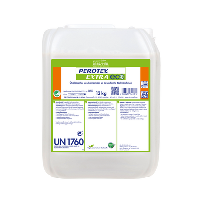 Ein 12 kg weißer Kunststoffbehälter von Dr. Schnell PEROTEX EXTRA ECO Geschirrreiniger für gewerbliche Spülmaschinen von DR.SCHNELL GmbH & Co. KGaA, mit grün-orangem Etikett, Produktinformationen und Sicherheitssymbolen.