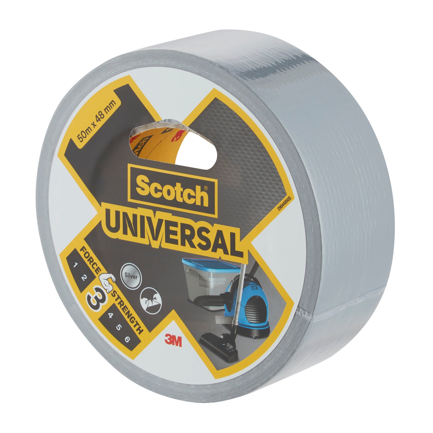 Eine 50 m x 48 mm große Rolle Scotch® Universal Klebeband 2904 der 3M Deutschland GmbH mit einer Verpackung, auf der die Marke, die Festigkeitsklasse und Bilder von möglichen Anwendungen angegeben sind.
