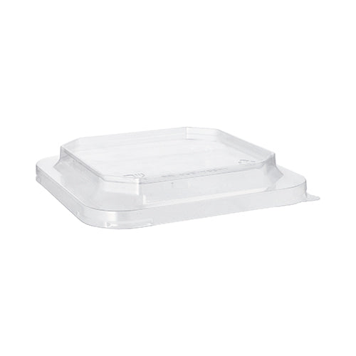 The Starpak 25 lid for lunchboxes is a clear, square lid made of PET plastic with slightly raised edges and subtle grooves, designed by Starpak to fit securely on square, transparent lunchboxes.