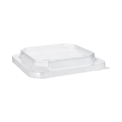 The Starpak 25 lid for lunchboxes is a clear, square lid made of PET plastic with slightly raised edges and subtle grooves, designed by Starpak to fit securely on square, transparent lunchboxes.