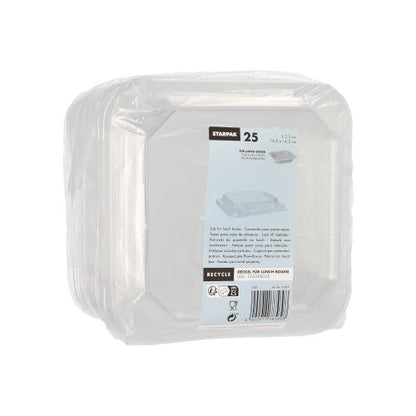A pack of 25 transparent, square PET lids for lunchboxes from Starpak is wrapped in plastic and features a blue and white label on the front with the Starpak brand, the quantity (25), and recycling information.