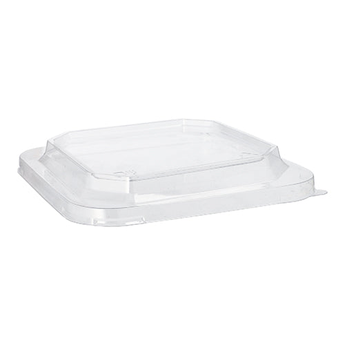 The Starpak 25 lid for lunchboxes PET rectangular transparent, a clear rectangular lid with a raised center and angled sides from Starpak, is displayed against a white background.