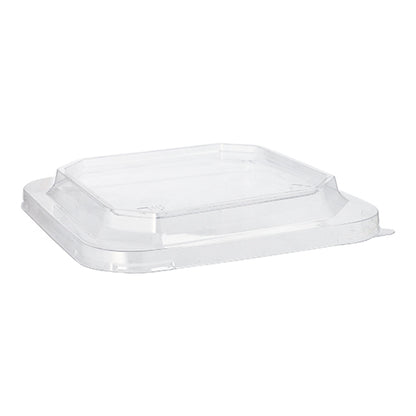 The Starpak 25 lid for lunchboxes PET rectangular transparent, a clear rectangular lid with a raised center and angled sides from Starpak, is displayed against a white background.