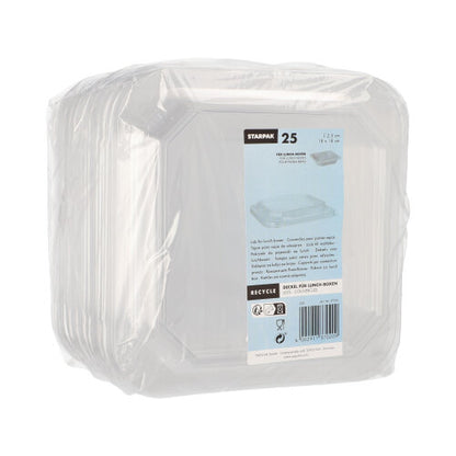 A stack of 25 transparent, square PET lids for lunchboxes from Starpak is delivered in a clear package with a label containing product information, the brand name "Starpak" and recycling instructions.