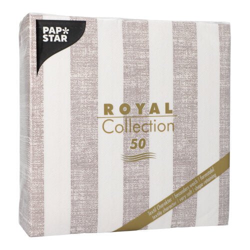 Eine Packung PAPSTAR 50 Servietten "ROYAL Collection" 1/4-Falz 40 x 40 cm mocca von PAPSTAR GmbH enthält 50 Servietten im mocca Design, auf deren Vorderseite der Produktname und die Stückzahl in Gold aufgedruckt sind.