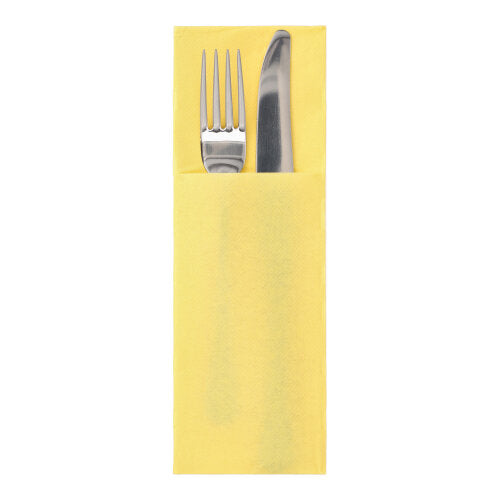 A silver fork and a silver knife are in yellow PAPSTAR 50 napkins "DAILY Collection" 48 cm x 30 cm with cutlery fold by PAPSTAR GmbH, folded into a pocket to elegantly store the cutlery.