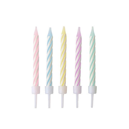 PAPSTAR 24 pastel-colored birthday candles with holders (6 cm, assorted colors) from PAPSTAR GmbH. Depicted standing in a row—pink, blue, yellow, purple, and green—against a plain white background. Each box contains 10 pieces.
