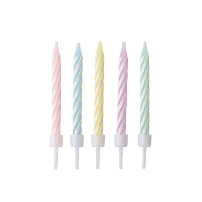PAPSTAR 24 pastel-colored birthday candles with holders (6 cm, assorted colors) from PAPSTAR GmbH. Depicted standing in a row—pink, blue, yellow, purple, and green—against a plain white background. Each box contains 10 pieces.