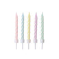 PAPSTAR 24 pastel-colored birthday candles with holders (6 cm, assorted colors) from PAPSTAR GmbH. Depicted standing in a row—pink, blue, yellow, purple, and green—against a plain white background. Each box contains 10 pieces.