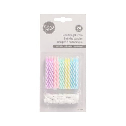 PAPSTAR 24 pastel-striped birthday candles (pink, purple, blue, yellow, white) with holders, 6 cm each, in clear trilingual packaging (German/English/French), pack of 10 from PAPSTAR GmbH.