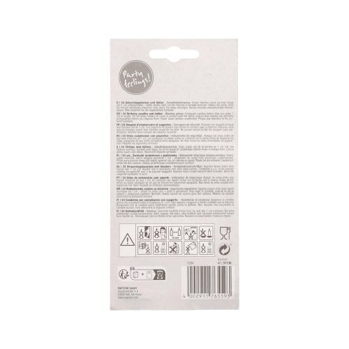 The light-colored packaging of the PAPSTAR 24 birthday candles with holders (pastel, assorted, 6 cm) from the PAPSTAR The GmbH package features a small, concise set of instructions, warning symbols, recycling instructions, a barcode, and the phrase "Party feeling!" at the top.
