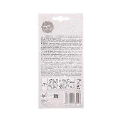 The light-colored packaging of the PAPSTAR 24 birthday candles with holders (pastel, assorted, 6 cm) from the PAPSTAR The GmbH package features a small, concise set of instructions, warning symbols, recycling instructions, a barcode, and the phrase "Party feeling!" at the top.