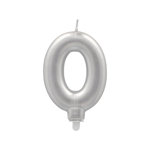 A PAPSTAR GmbH number candle with holder 7 cm "silver", shaped as a digit zero, with wick and small plastic holder - ideal as a birthday candle, against a white background.