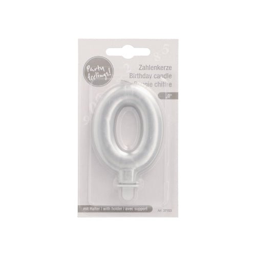 The PAPSTAR GmbH number candle with holder 7 cm "silver" is a birthday candle in number form, presented upright in a clear plastic packaging with product information on the cardboard back.