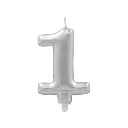 The PAPSTAR GmbH number candle with holder 7 cm "silver" is a silver-metallic birthday candle in the shape of the number 1, with visible wick and small base for easy insertion into the cake - perfect to enhance any celebration with style.