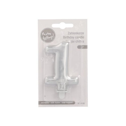 The PAPSTAR GmbH number candle with holder 7 cm "silver" is delivered in a plastic packaging with the inscription "Party Feeling!" and multilingual text, and includes a small base for easy setup.