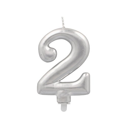 The PAPSTAR GmbH number candle with holder 7 cm "silver" is a metallic-silver birthday candle in the shape of the number 2, with white wick and holder - perfect to add a festive touch to any occasion.