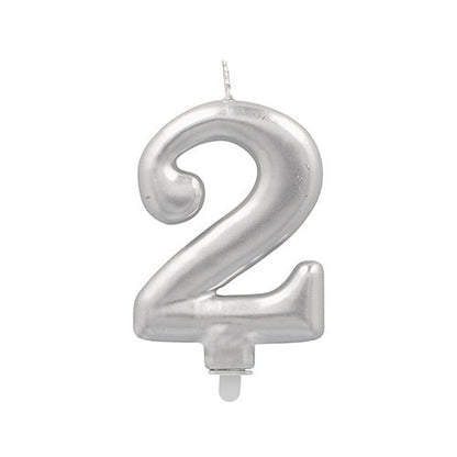 The PAPSTAR GmbH number candle with holder 7 cm "silver" is a metallic-silver birthday candle in the shape of the number 2, with white wick and holder - perfect to add a festive touch to any occasion.