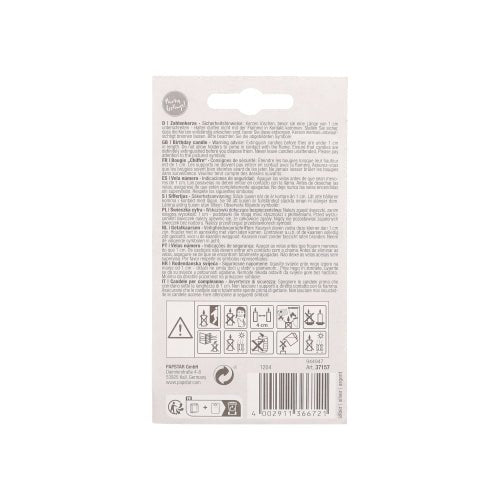 On the back of the PAPSTAR number candle with holder 7 cm "silver" from PAPSTAR GmbH, there are multilingual notices and warnings, safety symbols, a barcode, recycling symbols, and fine print.