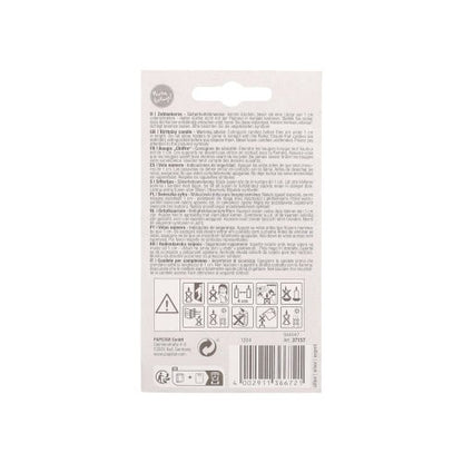 On the back of the PAPSTAR number candle with holder 7 cm "silver" from PAPSTAR GmbH, there are multilingual notices and warnings, safety symbols, a barcode, recycling symbols, and fine print.