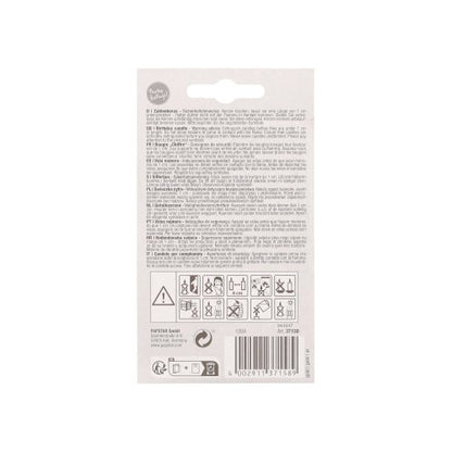 Auf der Rückseite einer PAPSTAR Zahlenkerze mit Halter 7 cm "gold" der PAPSTAR GmbH befinden sich Sicherheitshinweise, mehrsprachige Anweisungen, Warnsymbole, ein Barcode und Recyclinginformationen in schwarzer Schrift auf weißem Hintergrund.