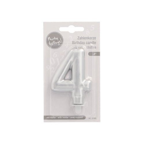 The PAPSTAR GmbH number candle with holder 7 cm "silver" is packaged in clear plastic with a white background, showing texts in German, French, and English.