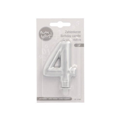 The PAPSTAR GmbH number candle with holder 7 cm "silver" is packaged in clear plastic with a white background, showing texts in German, French, and English.