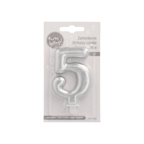 The PAPSTAR GmbH number candle with holder 7 cm "silver" is a metallic number candle in plastic packaging with English, German, and French text. It features a small holder at the base for easy setup on cakes.