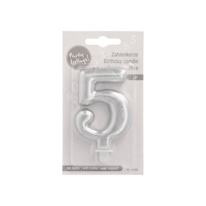 The PAPSTAR GmbH number candle with holder 7 cm "silver" is a metallic number candle in plastic packaging with English, German, and French text. It features a small holder at the base for easy setup on cakes.