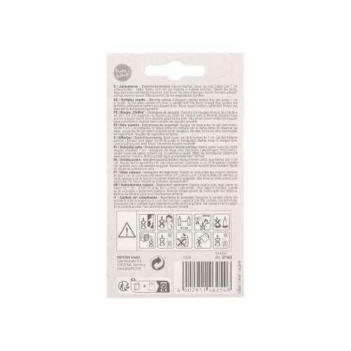 The PAPSTAR number candle with holder 7 cm "silver" from PAPSTAR GmbH comes in a white package with multilingual instructions, safety symbols, warnings, a barcode, recycling symbols, and a hanging tab - ideal for birthdays or special occasions.