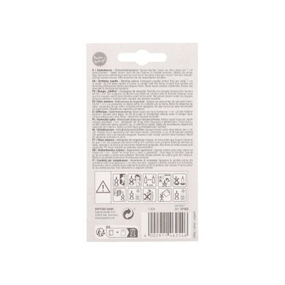The PAPSTAR number candle with holder 7 cm "silver" from PAPSTAR GmbH comes in a white package with multilingual instructions, safety symbols, warnings, a barcode, recycling symbols, and a hanging tab - ideal for birthdays or special occasions.