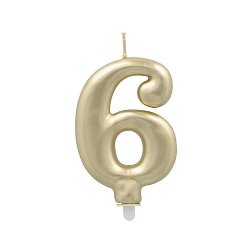 Die PAPSTAR GmbH Zahlenkerze mit Halter 7 cm "gold" ist eine goldene Zahlenkerze mit weißem Docht und Sockel, die sich perfekt für jede Geburtstagstorte eignet.