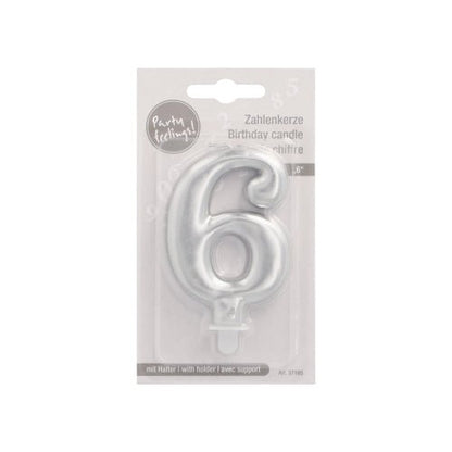 The PAPSTAR GmbH number candle with holder 7 cm "silver" in the shape of the number 6 is made of clear plastic with a white and gray back, including a holder, and is ideal for party celebrations.