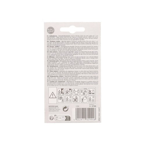 On the back of the PAPSTAR GmbH number candle with holder 7 cm "silver" are multilingual instructions, safety symbols, recycling information, and a barcode on a white background - ideal for safely decorating your celebration with a silver candle.