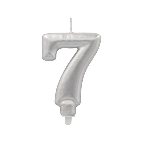 The PAPSTAR GmbH number candle with holder (7 cm, silver) displays the number seven with a wick at the top against a white background.